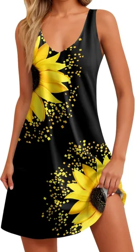 Women Summer Dresses Printed Casual Sundress Vacation Sleeveless Swimsuit Coverup 2025 V Neck Dress with Pocket