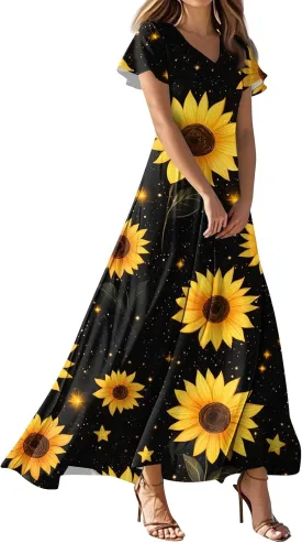 Women's 2025 Summer Floral V Neck Midi Dress Boho Short Sleeve High Waist Flowy Beach Vacation Dresses