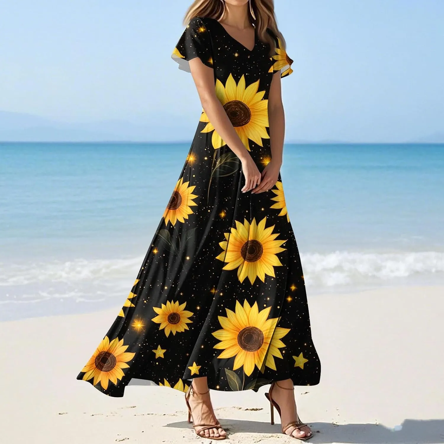 Women's 2025 Summer Floral V Neck Midi Dress Boho Short Sleeve High Waist Flowy Beach Vacation Dresses