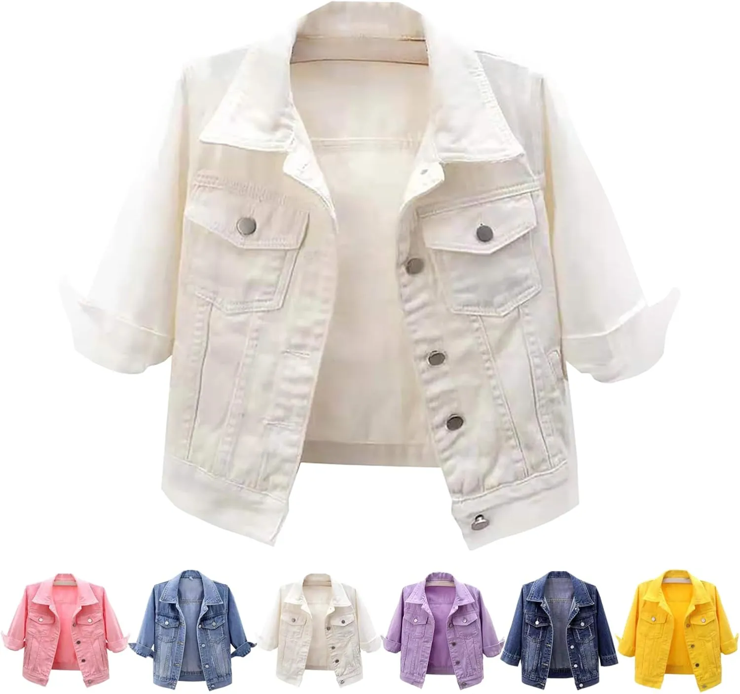 Women's 3/4 Sleeve Colored Cropped Denim Jacket,Womens Cropped Denim Jacket,Light Wash Short Jean Jacket Trucker Coat