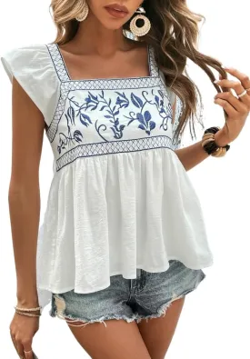 Womens Blouses Floral Embroidery Ruffle Trim Peplum Blouse Casual Shirt Fashion Tops