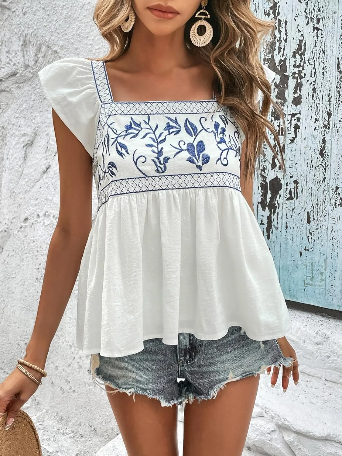 Womens Blouses Floral Embroidery Ruffle Trim Peplum Blouse Casual Shirt Fashion Tops