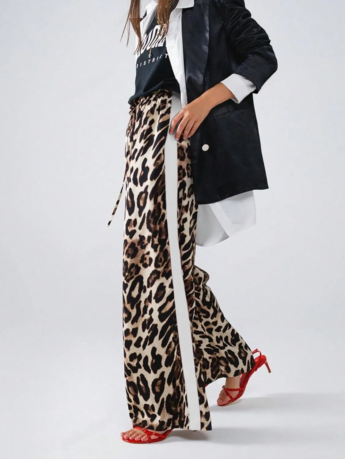 Women's Casual Pants Drawstring Leopard Print Color Block Side Striped Straight Leg Wide Leg Loose Pants