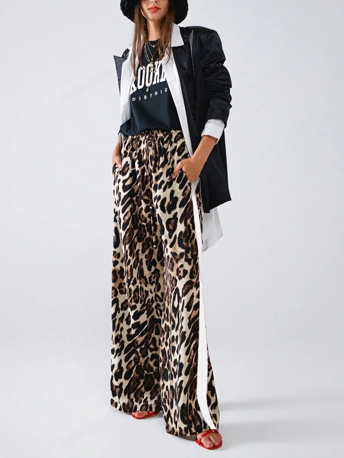 Women's Casual Pants Drawstring Leopard Print Color Block Side Striped Straight Leg Wide Leg Loose Pants