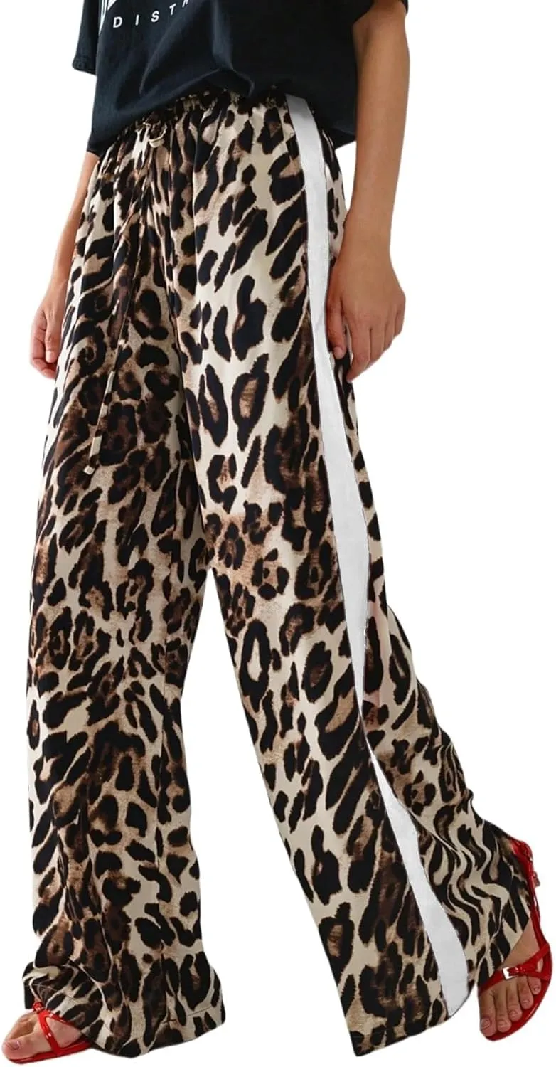 Women's Casual Pants Drawstring Leopard Print Color Block Side Striped Straight Leg Wide Leg Loose Pants