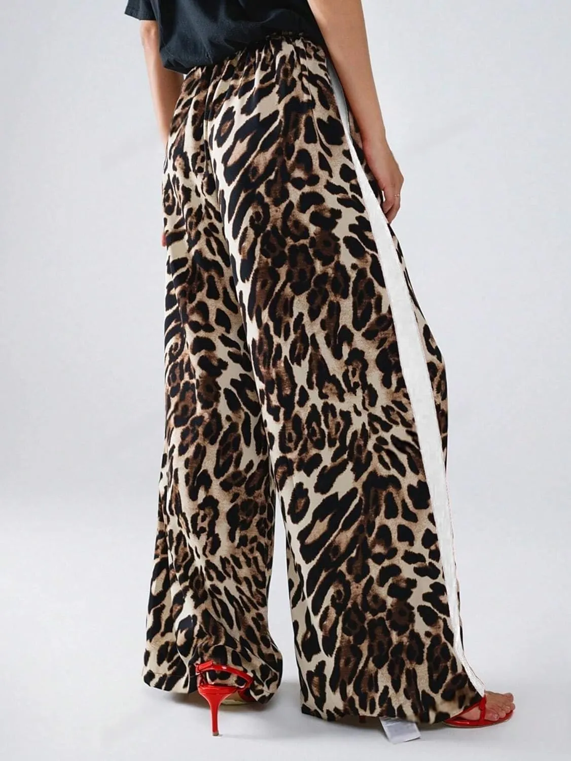 Women's Casual Pants Drawstring Leopard Print Color Block Side Striped Straight Leg Wide Leg Loose Pants