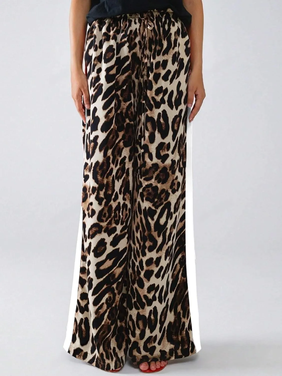 Women's Casual Pants Drawstring Leopard Print Color Block Side Striped Straight Leg Wide Leg Loose Pants