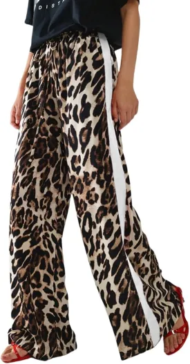 Women's Casual Pants Drawstring Leopard Print Color Block Side Striped Straight Leg Wide Leg Loose Pants