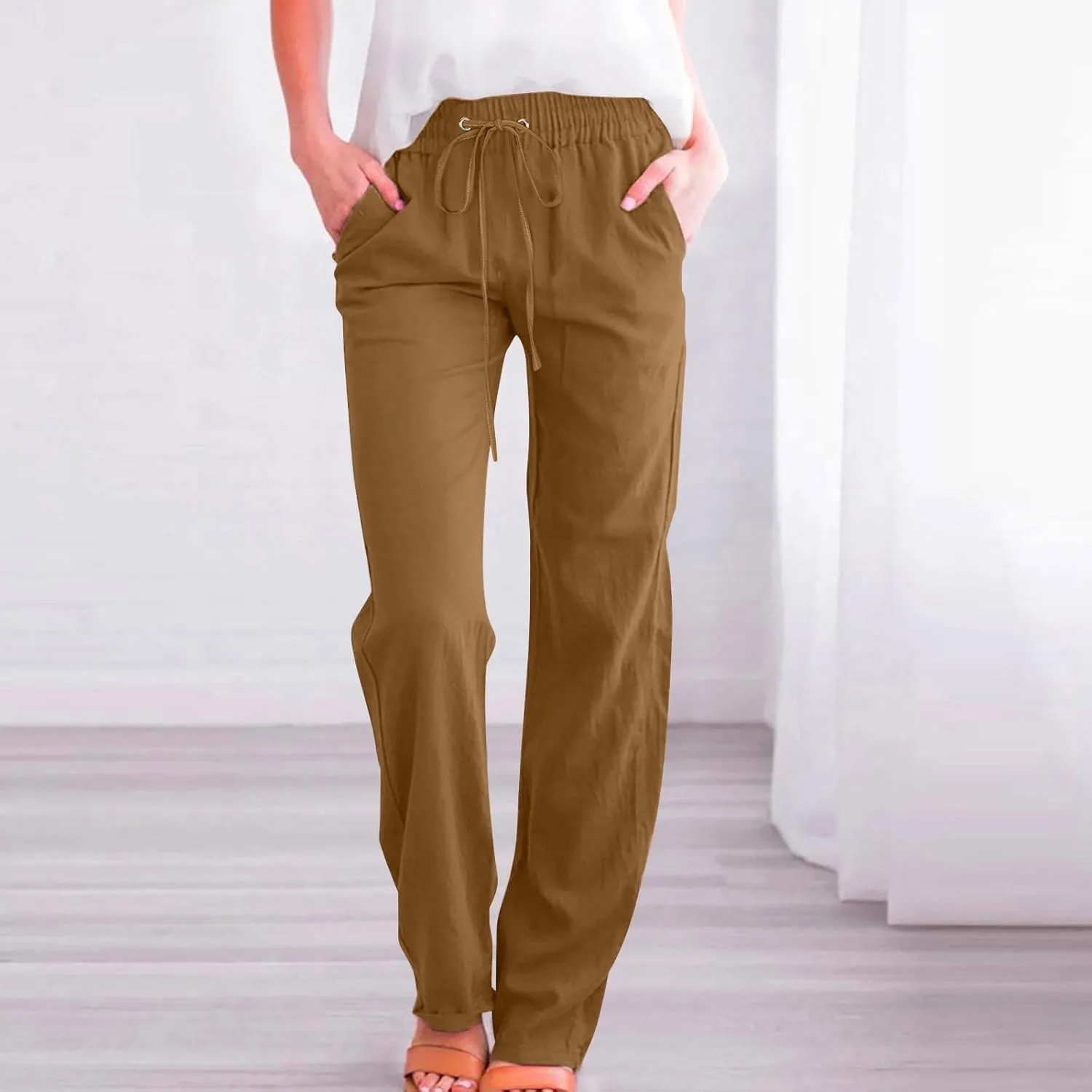 Womens Cotton Linen Pants High Waist Straight Leg Loose Fit Summer Casual Lightweight Plus Size Trousers with Pockets