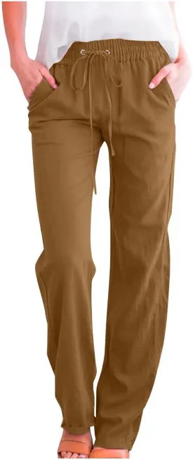 Womens Cotton Linen Pants High Waist Straight Leg Loose Fit Summer Casual Lightweight Plus Size Trousers with Pockets