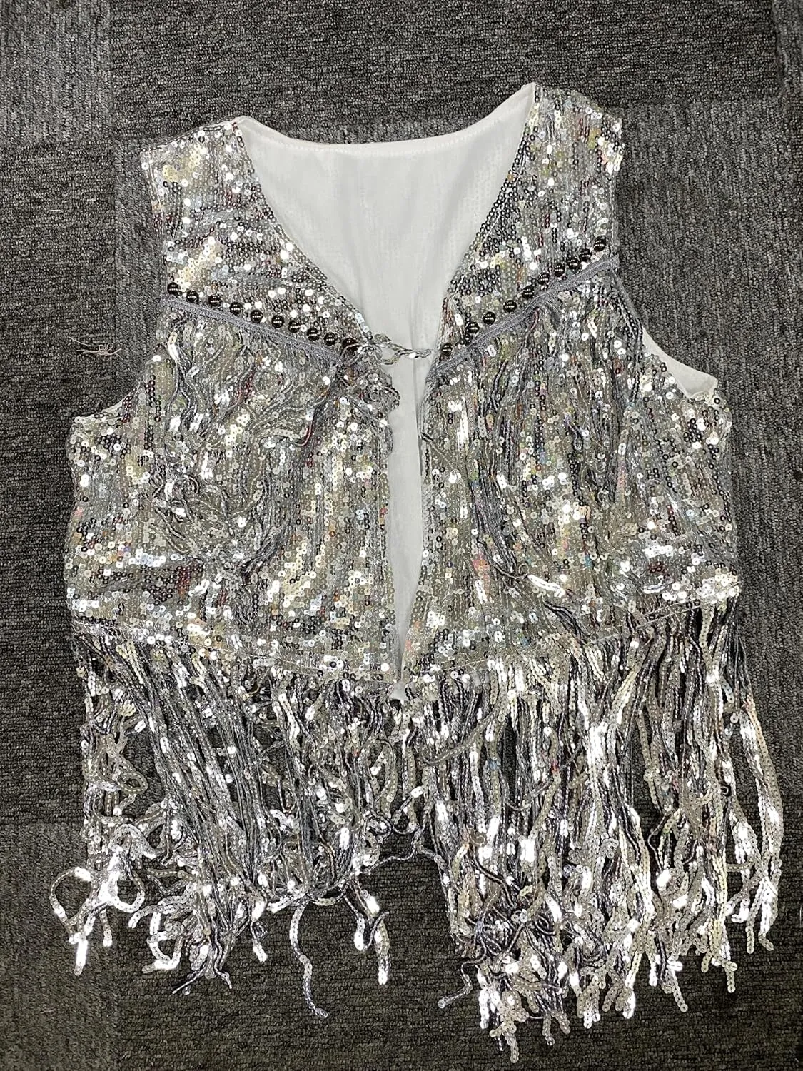 Womens Led Light Up Sequin Fringe Vest Sparkly Fitted Jacket Cardigan Silver Shiny Glitter Tops Cowgirl Disco Party