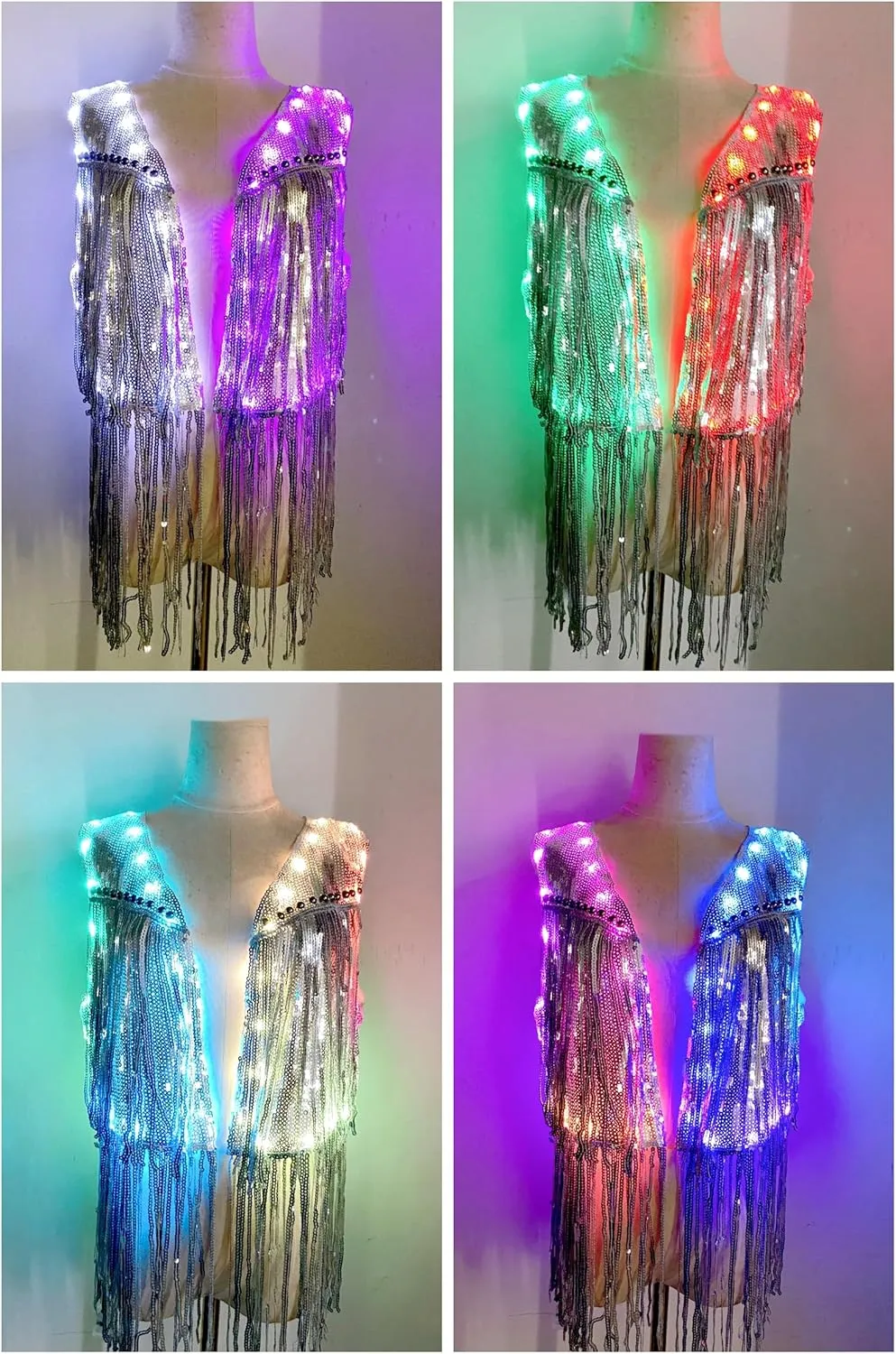 Womens Led Light Up Sequin Fringe Vest Sparkly Fitted Jacket Cardigan Silver Shiny Glitter Tops Cowgirl Disco Party