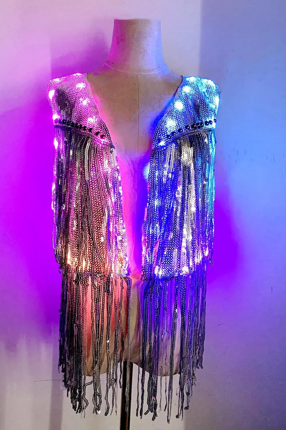 Womens Led Light Up Sequin Fringe Vest Sparkly Fitted Jacket Cardigan Silver Shiny Glitter Tops Cowgirl Disco Party