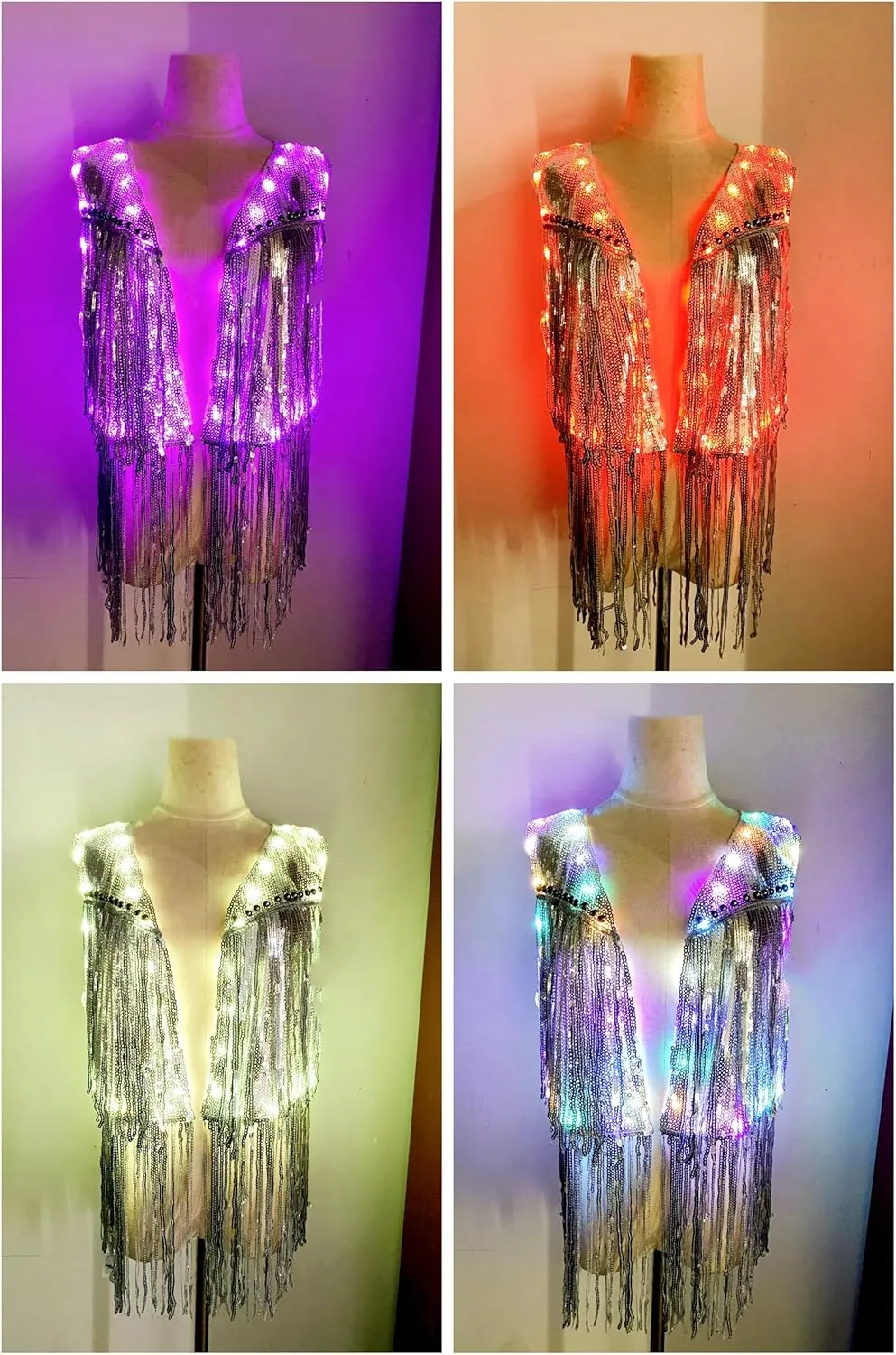 Womens Led Light Up Sequin Fringe Vest Sparkly Fitted Jacket Cardigan Silver Shiny Glitter Tops Cowgirl Disco Party