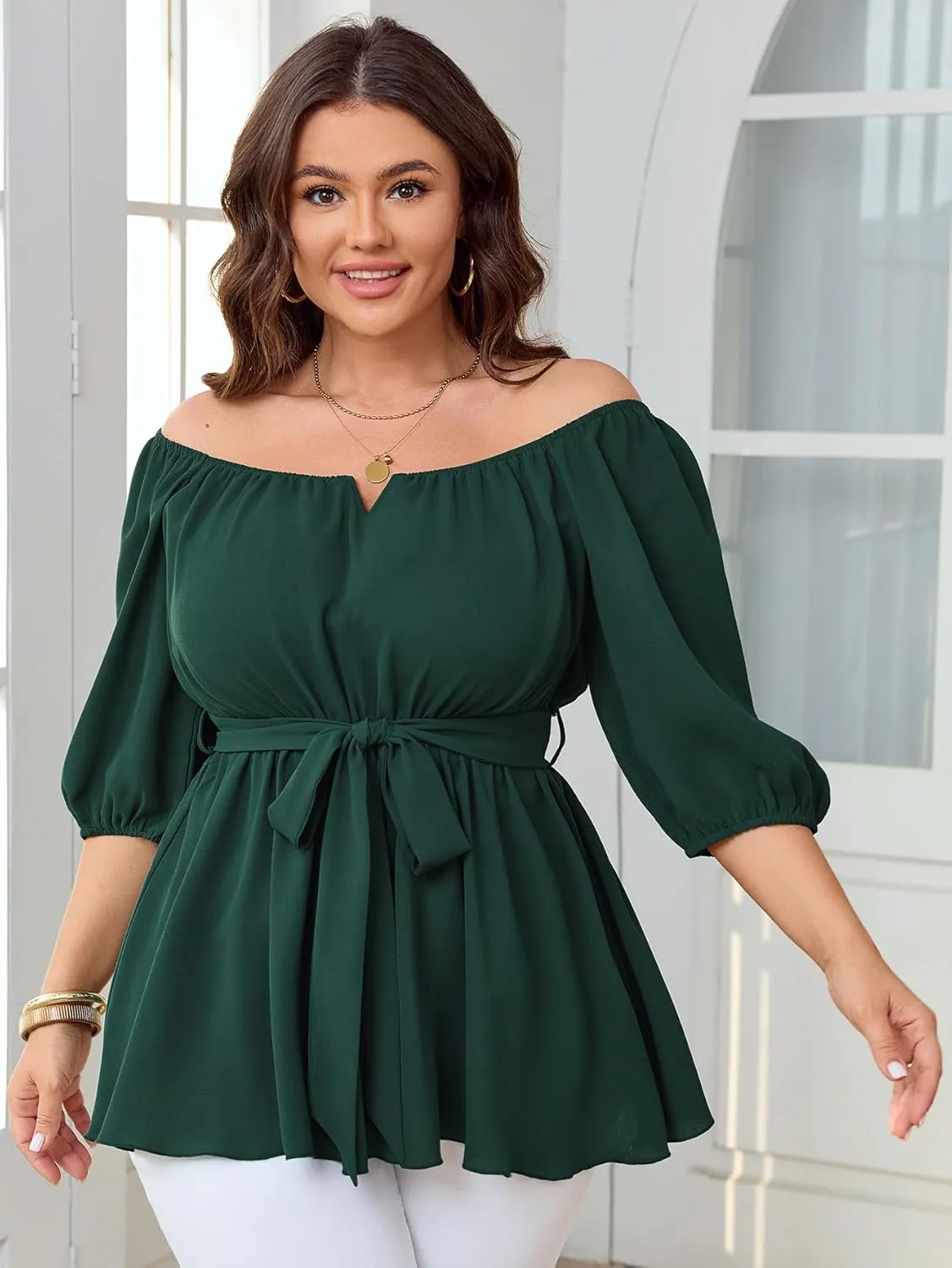 Women's Plus Size Square Neck Peplum Blouses Dressy Tops 3/4 Puff Sleeve Empire Waist Tie Ruffle Hem Babydoll Top