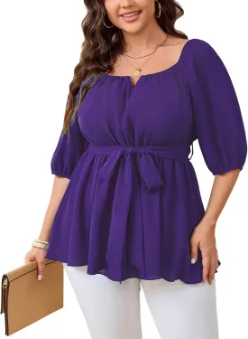 Women's Plus Size Square Neck Peplum Blouses Dressy Tops 3/4 Puff Sleeve Empire Waist Tie Ruffle Hem Babydoll Top