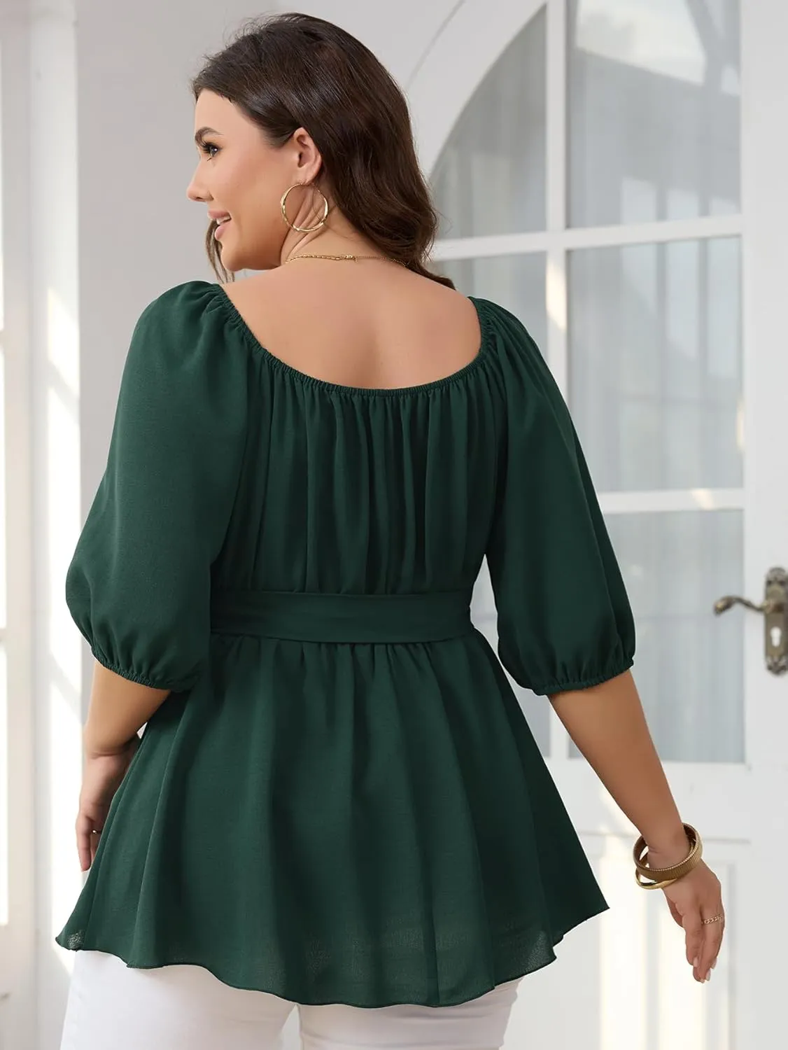 Women's Plus Size Square Neck Peplum Blouses Dressy Tops 3/4 Puff Sleeve Empire Waist Tie Ruffle Hem Babydoll Top