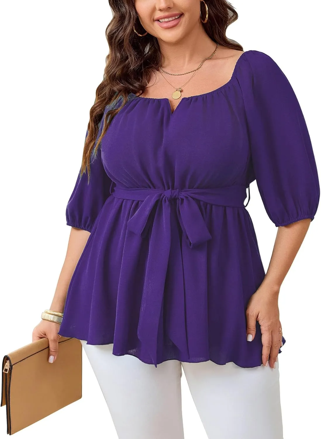 Women's Plus Size Square Neck Peplum Blouses Dressy Tops 3/4 Puff Sleeve Empire Waist Tie Ruffle Hem Babydoll Top