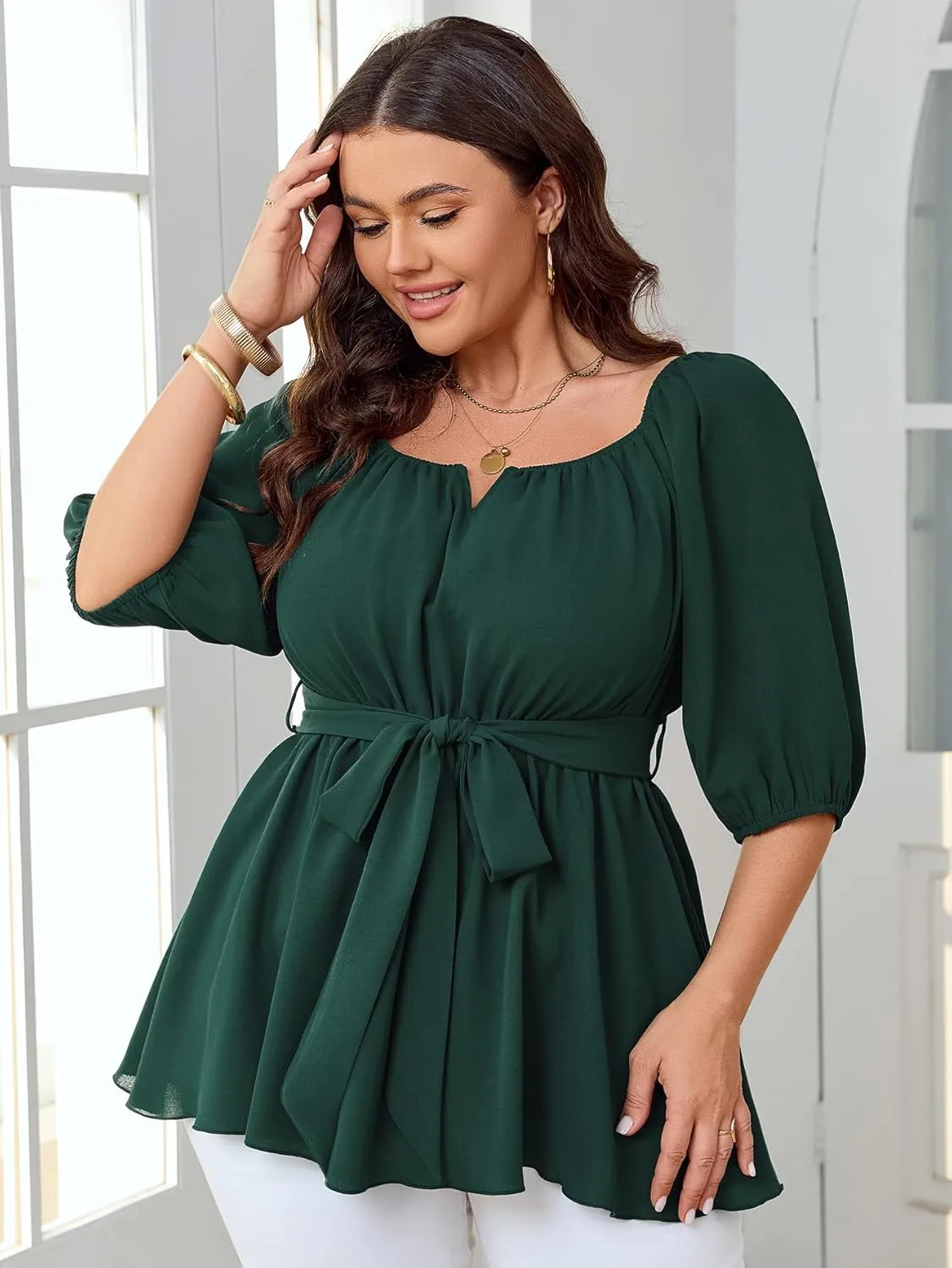 Women's Plus Size Square Neck Peplum Blouses Dressy Tops 3/4 Puff Sleeve Empire Waist Tie Ruffle Hem Babydoll Top
