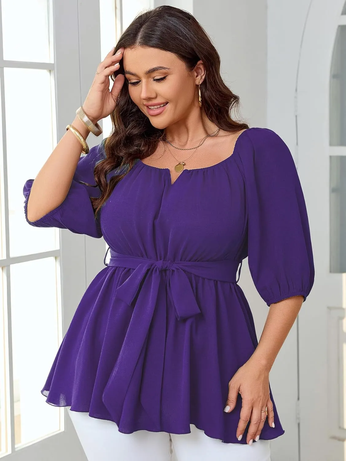 Women's Plus Size Square Neck Peplum Blouses Dressy Tops 3/4 Puff Sleeve Empire Waist Tie Ruffle Hem Babydoll Top