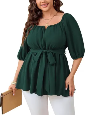 Women's Plus Size Square Neck Peplum Blouses Dressy Tops 3/4 Puff Sleeve Empire Waist Tie Ruffle Hem Babydoll Top