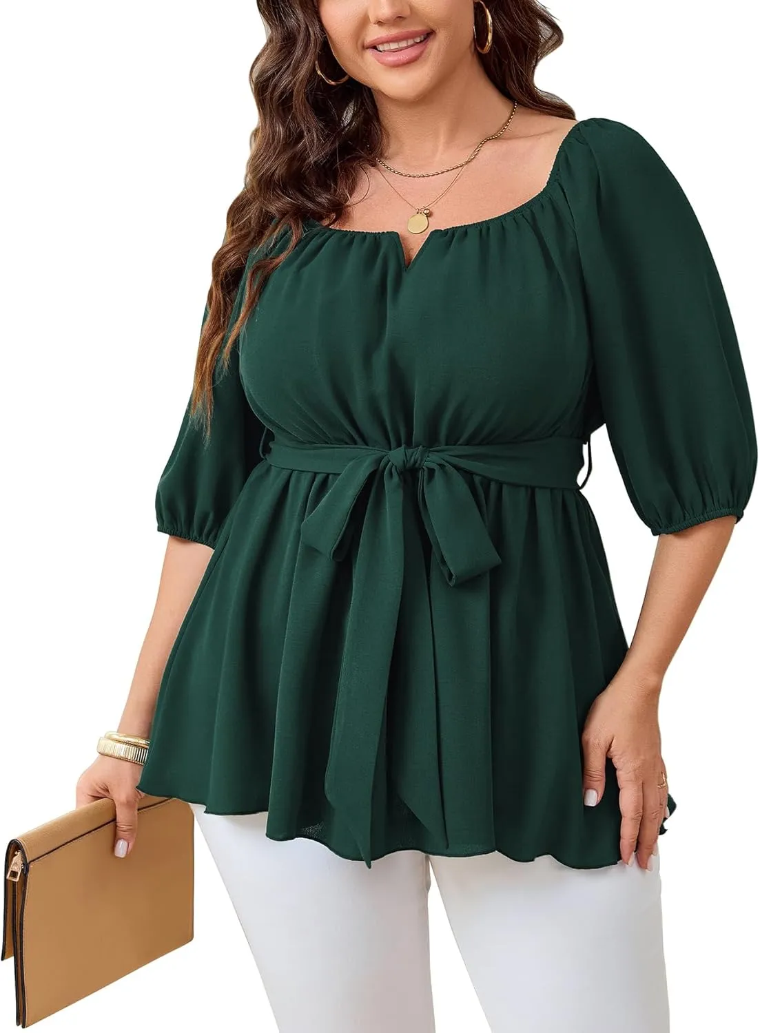 Women's Plus Size Square Neck Peplum Blouses Dressy Tops 3/4 Puff Sleeve Empire Waist Tie Ruffle Hem Babydoll Top