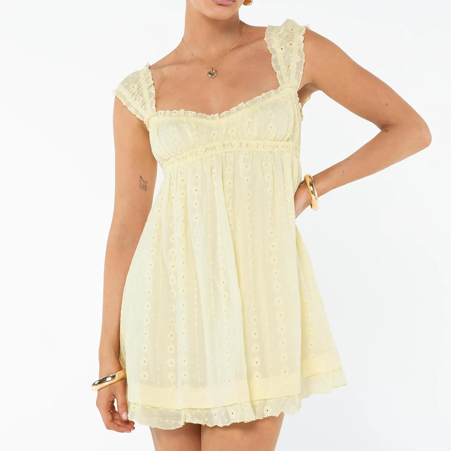 Women's Square Neck Mini Corset Dress Sleeveless Floral Embroidery Short Ruffle Cute Trendy Party Dresses