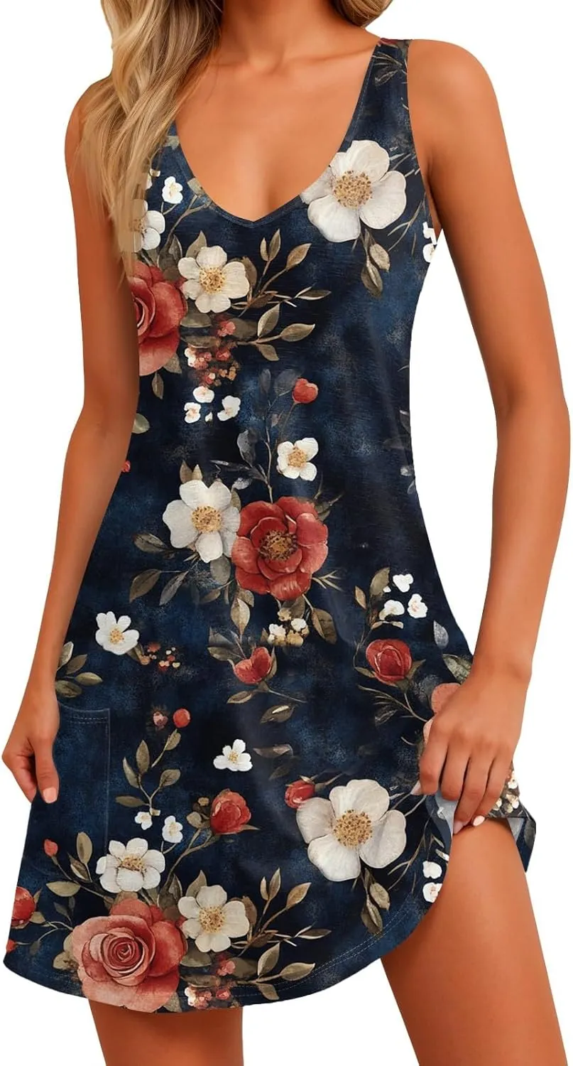 Womens Summer Dresses Vacation Casual Sundress V Neck Sleeveless Dress with Pocket Beach Printed Swimsuit Coverup