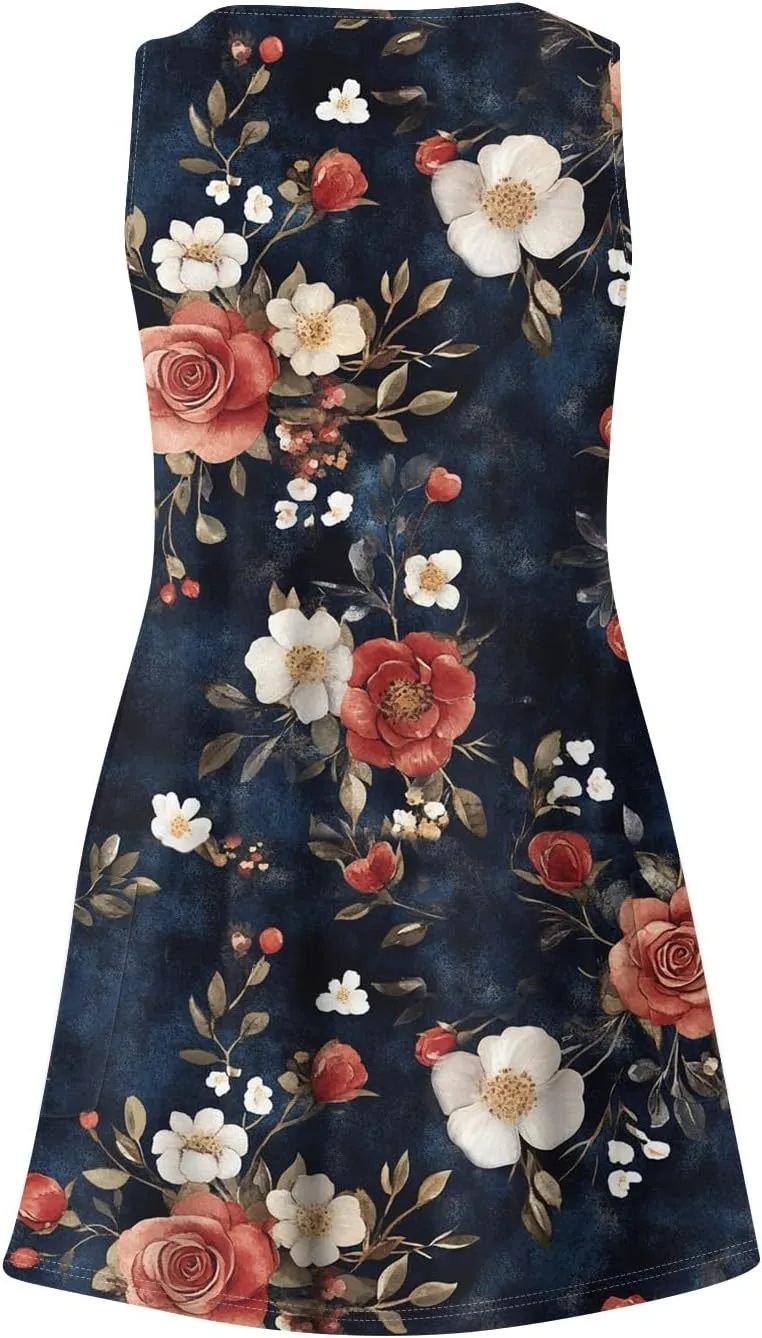 Womens Summer Dresses Vacation Casual Sundress V Neck Sleeveless Dress with Pocket Beach Printed Swimsuit Coverup