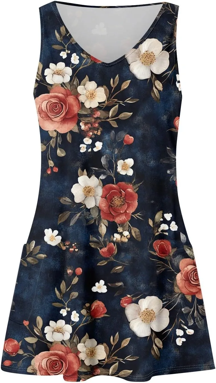 Womens Summer Dresses Vacation Casual Sundress V Neck Sleeveless Dress with Pocket Beach Printed Swimsuit Coverup