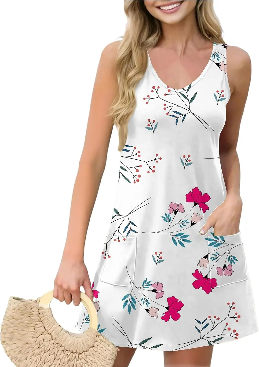 Women's Summer Dresses Vacation Printed Swimsuit Coverup Sleeveless Beach Sundress V Neck 2025 Dress with Pocket
