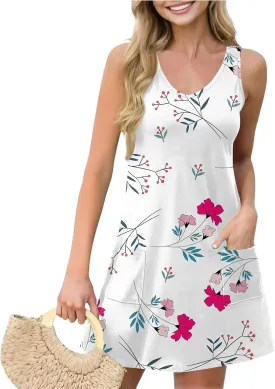 Women's Summer Dresses Vacation Printed Swimsuit Coverup Sleeveless Beach Sundress V Neck 2025 Dress with Pocket