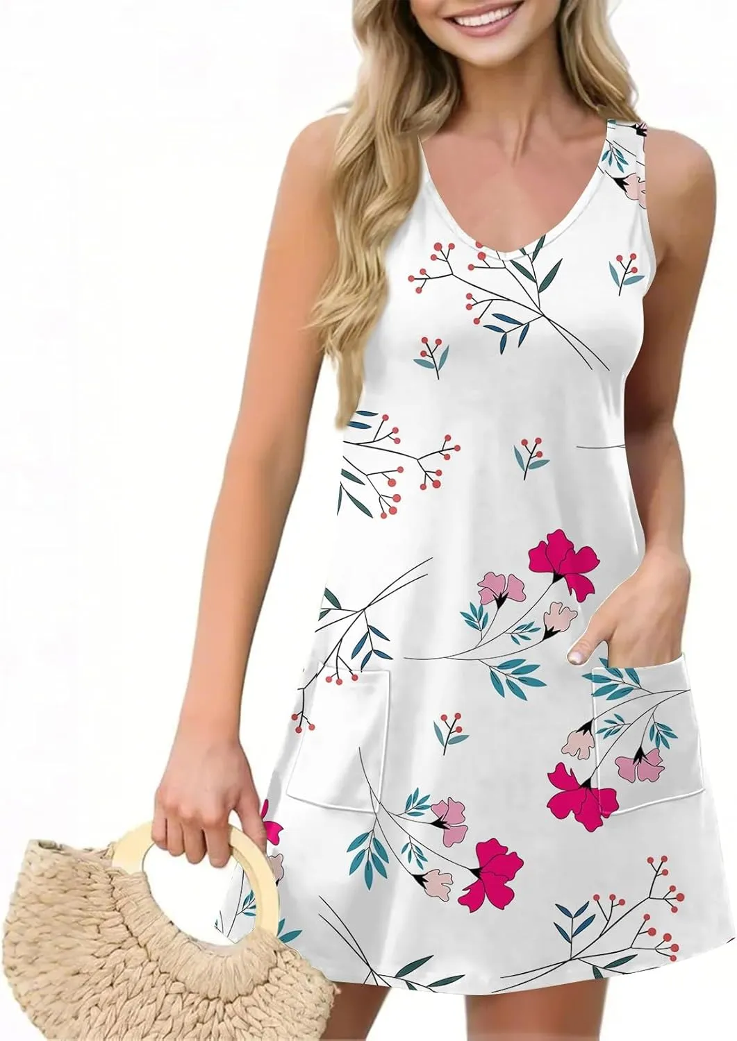 Women's Summer Dresses Vacation Printed Swimsuit Coverup Sleeveless Beach Sundress V Neck 2025 Dress with Pocket