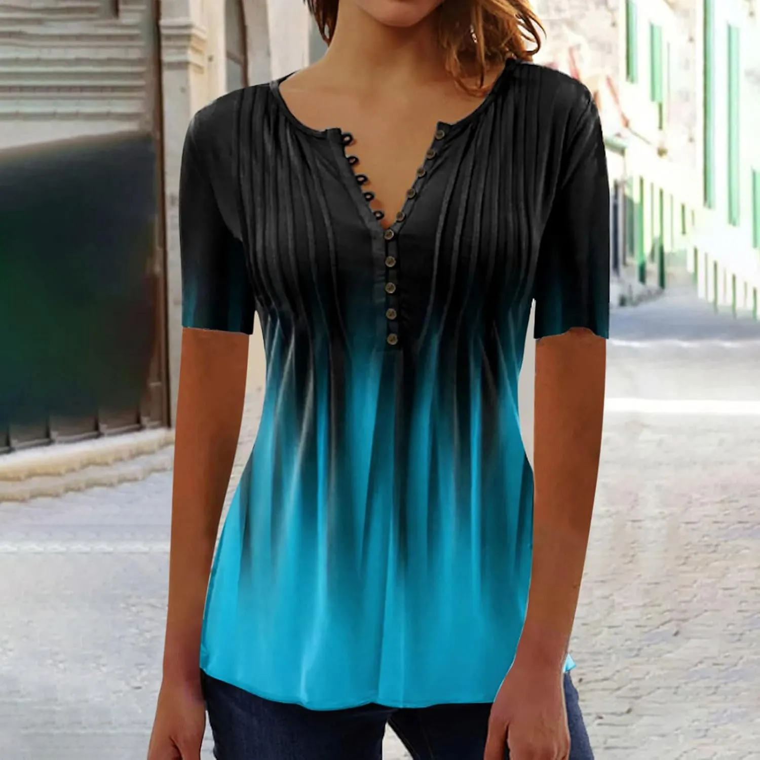 Womens Summer Tops 2025 Dressy Casual Short Sleeve Button V Neck T Shirts Trendy Cute Printed Tees Tunic Blouses