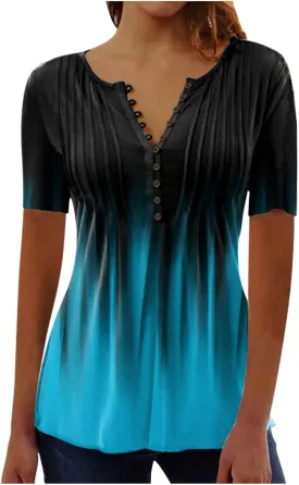 Womens Summer Tops 2025 Dressy Casual Short Sleeve Button V Neck T Shirts Trendy Cute Printed Tees Tunic Blouses