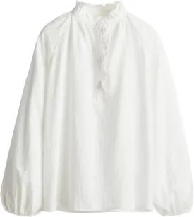 Womens White Ruffle Trim Muslin Blouse Long Raglan Balloon Sleeves Casual Button Tops
