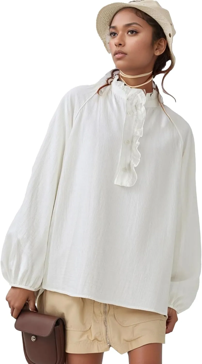 Womens White Ruffle Trim Muslin Blouse Long Raglan Balloon Sleeves Casual Button Tops