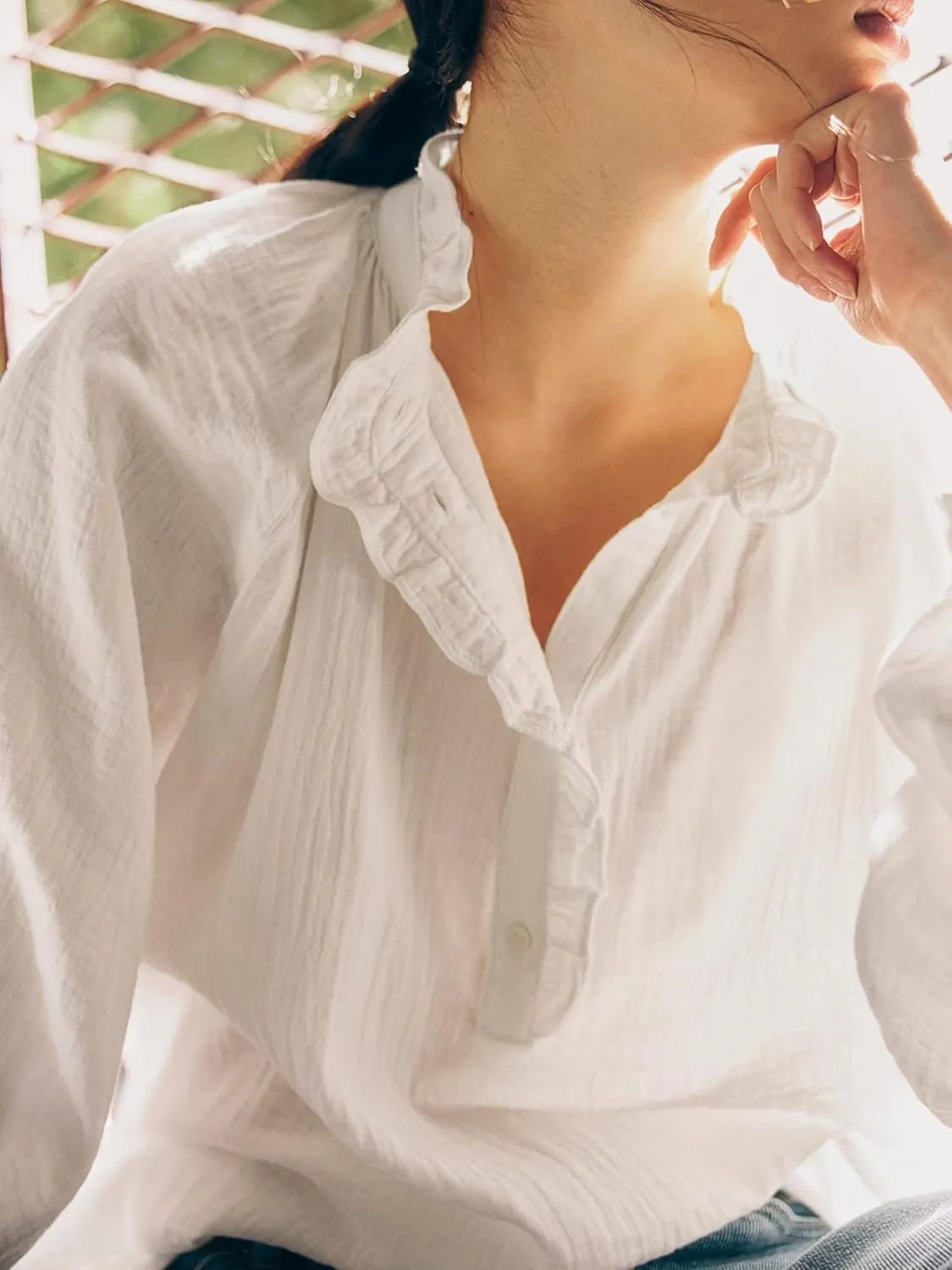 Womens White Ruffle Trim Muslin Blouse Long Raglan Balloon Sleeves Casual Button Tops