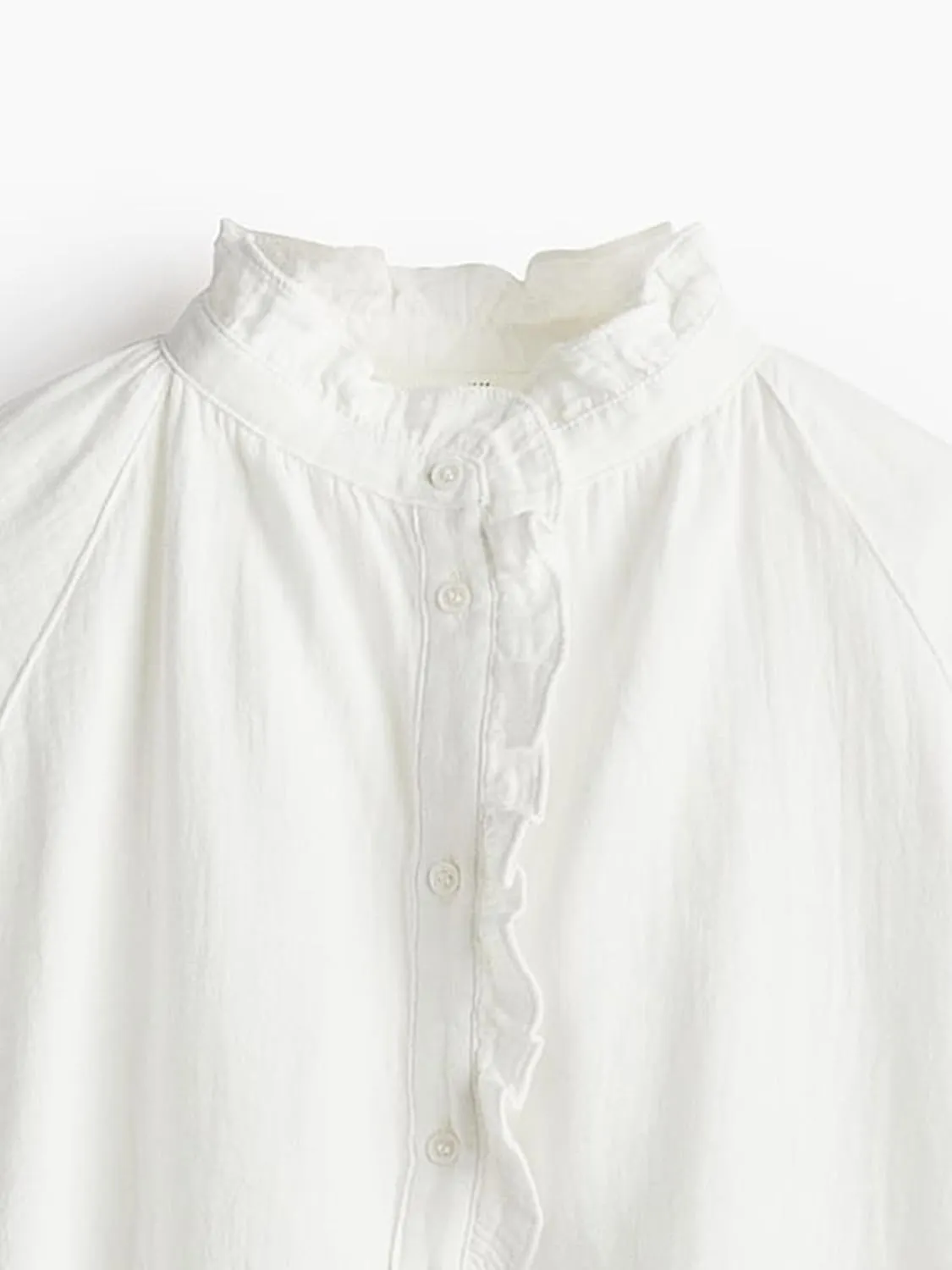 Womens White Ruffle Trim Muslin Blouse Long Raglan Balloon Sleeves Casual Button Tops