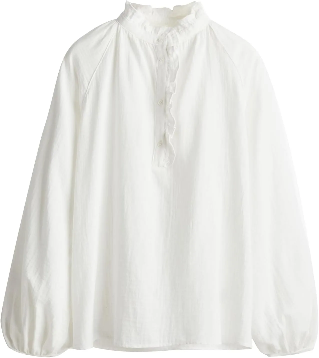 Womens White Ruffle Trim Muslin Blouse Long Raglan Balloon Sleeves Casual Button Tops