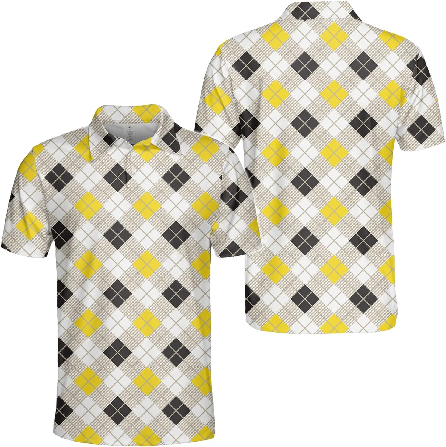 Yellow Black Argyle Diagonal Decorative Polo Shirts for Men Women Men's Golf Shirts Short Sleeve, Lightweight Golf Polos